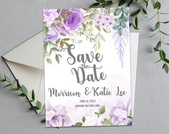 Purple Magnolia Save The Date Cards - Lavender Floral Wedding Save The Dates - Purple Flowers Save the Date - Magnolias Wedding Stationary