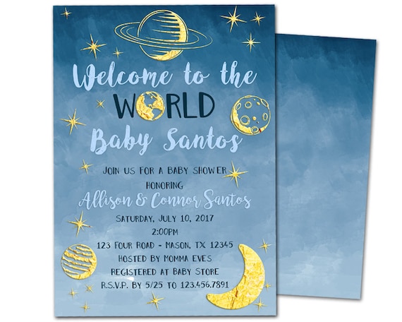 Outer Space Baby Shower Invitations - Gold Galaxy Boy Baby Shower Invites - Astronaut Planets World Baby Shower - Space Shower - Blue Il_570xn