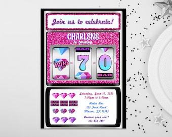 Pink Slot Machine Invitations - Womans Casino Party Invites - Diamond Purple Glitter Birthday Party Invites Casino Night Theme 70th 80th Any