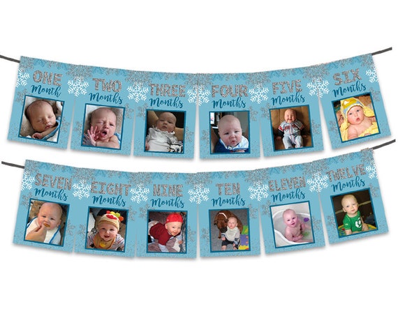 Snowflake 1st Birthday Photo Banner - Blue Silver Winter ONEderland Timeline 1st Birthday Banner - Milestone First Birthday Banner Glitter Il_570xn