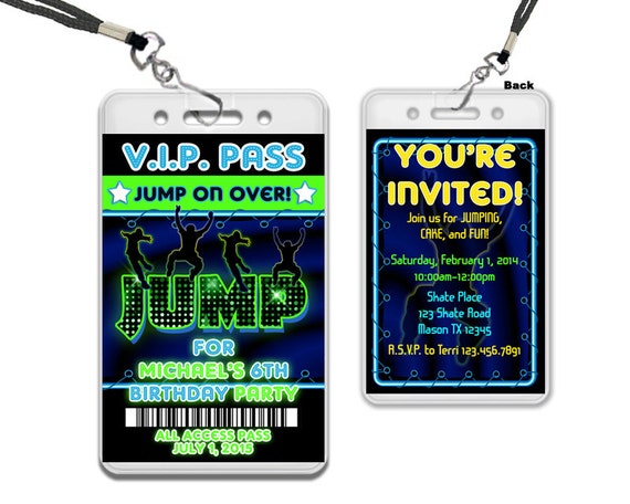 Jump VIP Pass Invitation Lanyards - Jump Birthday Invitation - Bounce House Invitations - Trampoline Invite - Trampoline Party - Sky Il_570xn