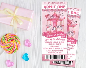 Carousel Ticket Invitations - Pink Watercolor Floral Carousel Birthday Party Invites - Flowers Customized Printed - Girl Birthday Theme Idea