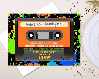 Retro Cassette Birthday Invitations - Neon 1980s Party Invite - Men Birthday - Neon Pain Splatter -Throw Back Hip Hop Rap Music- Teen 90s