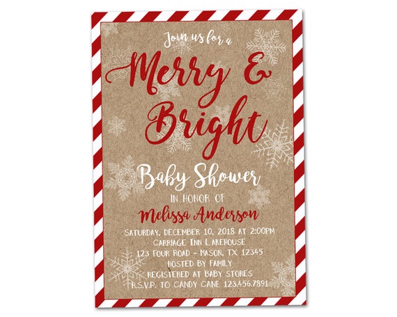 Printable Christmas Baby Shower Invitations - Merry and Bright Baby Shower Invite - Candy Cane - Snowflake Kraft Baby Shower Country Il_570xn