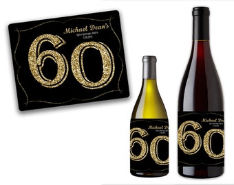 Gold wine Milestone Birthday Wine Bottle Labels - Champagne Bottle Labels - 40th 30th 50th 60th 70th - Adult Party Favors - Gold Glitter