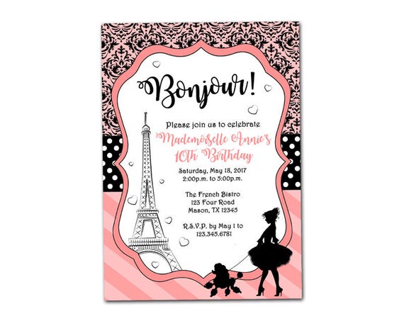 Paris Invitations - Paris Birthday Invitation - Pink Black Damask French Poodle Invitation - Paris Engagement Party - Eiffel Tower - Girl Il_570xn