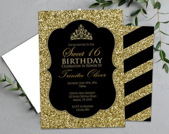 Glam Black and Gold Glitter Tiara Sweet 16 Party Invitations - Cool Girls Teen Birthday Invitations - Princess  15, quinceañera, Any Age