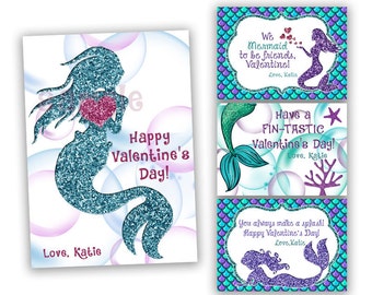 Mermaid Valentines Cards - Girl Classroom Valentines - Blue Glitter Mermaids Valentines Day Cards - Girl Valentines - Under The Sea - Ocean