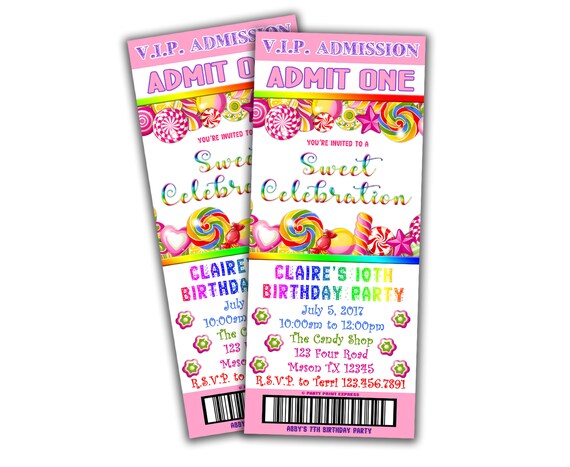 Printable Candy Land Admission Ticket Invitations - Pink Sweet Candy Celebration Birthday Party - Candy Party Invites Girl Rainbow Lollipop Il_570xn