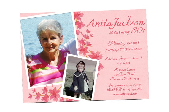 Pink Floral Birthday Invitation Woman - Flower Photo Birthday Invitation Women Milestone - Printed Female Surprise - 70th 80th 90th 100th 50 Il_570xn
