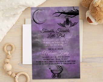 Alice in Wonderland Baby Shower Invitations - Goth Baby Shower Invitations - Purple and Black Baby Shower Invite - Twinkle Little Bat Girl