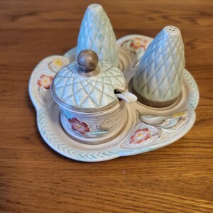 May include: A ceramic salt and pepper shaker set with a matching condiment dish. The shakers are shaped like cones with a textured surface and floral accents. The dish has a scalloped edge and floral designs.