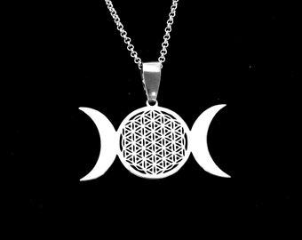 Triple Flower Of Life Moon Necklace