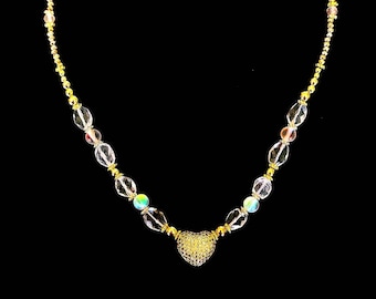 Crystal  Heart Necklace in Quartz, Moonstone and Vermeil