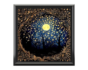 Moonlit Forest Jewelry Box | Starry Night Woodland Scene by William Morris