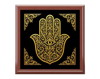Gold and Black Hamsa Hand  WoodenJewelry Box