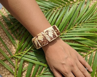 Tagua Artisan Bracelet Undyed with natural bark highlights. Handcrafted Ecuadorian Artistry; Vegan Ivory, Rainforest Grown. Summer Chic.