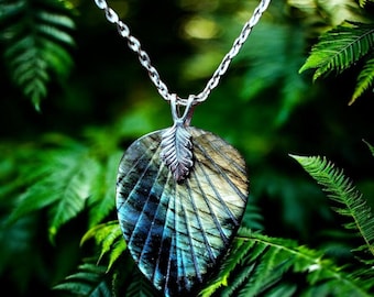 Large Labradorite Leaf Pendant, Sterling Silver
