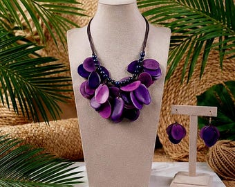 Tagua Artisan Necklace and Earrings Set. Handcrafted Ecuadorian Artistry; Vegan Ivory, Rainforest Grown. Summer Chic.