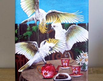 TITLE: Tea For Two (cockatoos) 20x30cm Canvas Print