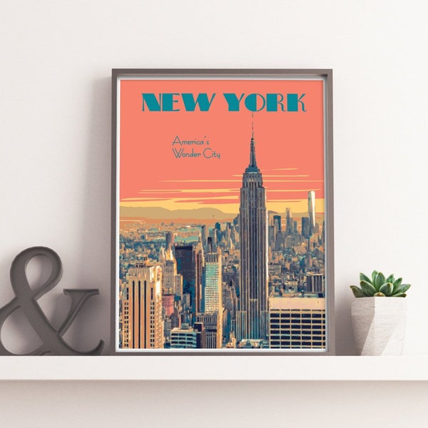 New York City Vintage Style Travel Poster, New York City Cityscape Print