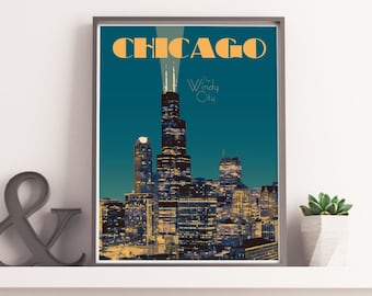 Chicago Illinois Vintage Style Travel Poster, Chicago Cityscape Print