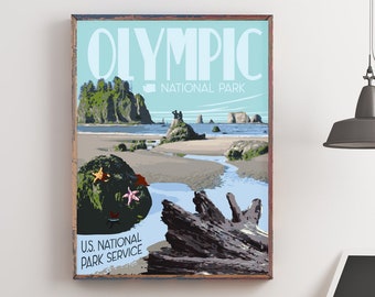 Olympic National Park Beach Vintage Style Travel Poster, Olympic National Park Sea Stacks Print, Washington National Park Print