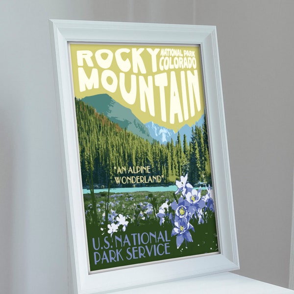Rocky Mountain National Park Vintage Style Travel Poster, Rocky Mountain National Park Colorado Print