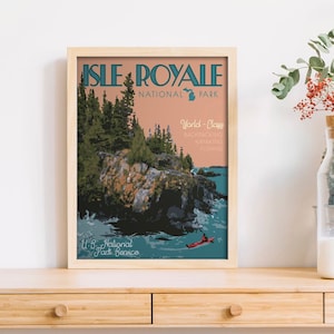 Isle Royale National Park Vintage Style Travel Poster, Isle Royale National Park Kayak Print