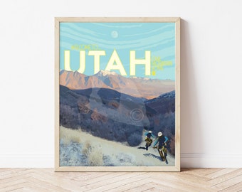 Utah Mountain Biking Vintage Style Travel Poster, Utah Mountains Print