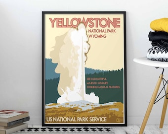 Yellowstone National Park Vintage Style Travel Poster, Yellowstone National Park Wyoming Print