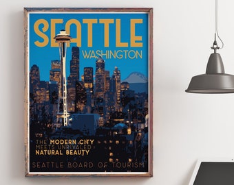 May include: A vintage travel poster for Seattle, Washington. The poster features a nighttime cityscape with the Space Needle in the foreground and Mount Rainier in the background. The text on the poster reads "Seattle, Washington, The Modern City Meets Unrivaled Natural Beauty, Seattle Board of Tourism."
