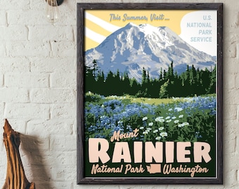 Mount Rainier National Park Vintage Style Travel Poster, Mount Rainier National Park Washington Print