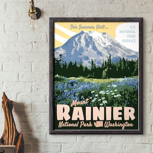 Póster de viaje de estilo vintage del Parque Nacional Mount Rainier, Parque Nacional Mount Rainier Washington Print