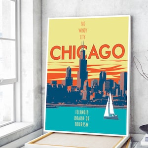 Chicago Illinois Vintage stijl reisposter, Chicago Lakefront print