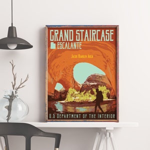Grand Staircase Escalante Jacob Hamblin Arches Vintage Style Travel Poster, Utah National Monument Print