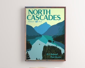 North Cascades National Park Vintage Style Travel Poster, North Cascades Washington National Park Print