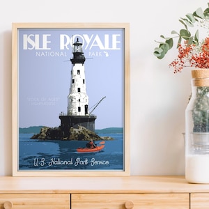 Isle Royale National Park Vintage Style Travel Poster, Isle Royale Lighthouse Print