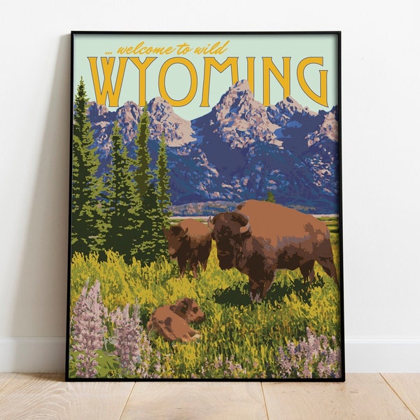 Wyoming Mountains Vintage Style Travel Poster, Wyoming Grand Tetons Print