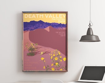 May include: A vintage-style poster for Death Valley National Park, featuring a purple and pink sand dune with yellow wildflowers. The text reads "Death Valley National Park, The Hottest Place on Earth, U.S. National Park Service."
