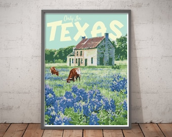 Texas Vintage Style Travel Poster, Texas Bluebonnet Print, Texas Art