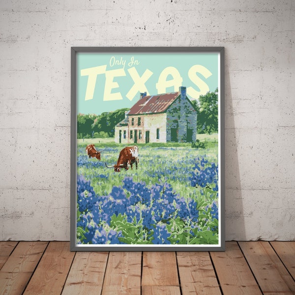 Texas Vintage stijl reizen poster, Texas Bluebonnet print, Texas Art
