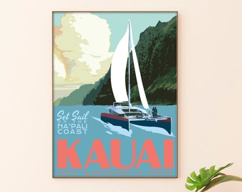 Kauai Hawaii Napali Coast Vintage Style Travel Poster, Kauai Napali Coast Sailing Print