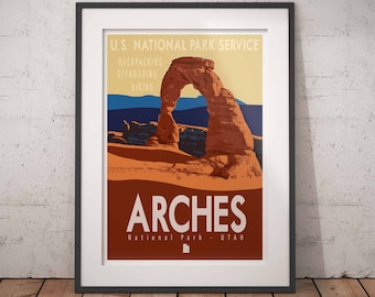 Arches Nationalpark Reiseposter, Arches National Park Druck, Vintage Reiseposter, Nationalpark Poster