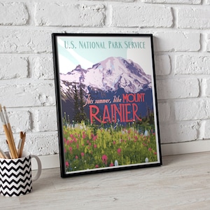 Mount Rainier National Park Vintage Style Travel Poster, Mount Rainier National Park Washington Wildflower Print
