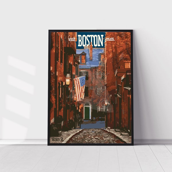 Boston Acorn Street Vintage Style Travel Poster, Boston Print