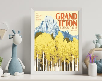 Cartel del Parque Nacional Grand Teton, Cartel de viaje de Grant Teton, Póster del Parque Nacional, Póster de viaje vintage