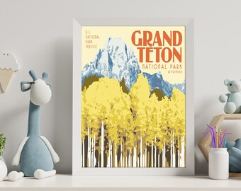 Cartel del Parque Nacional Grand Teton, Cartel de viaje de Grant Teton, Póster del Parque Nacional, Póster de viaje vintage