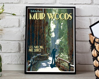 Muir Woods National Monument Vintage Style Travel Poster, John Muir Woods California Print