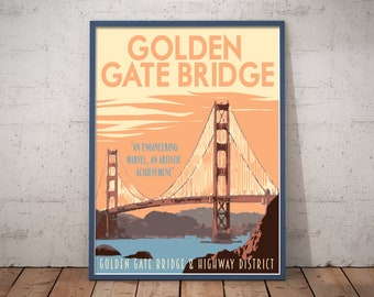 Golden Gate Bridge Vintage Style Travel Poster, San Francisco Print